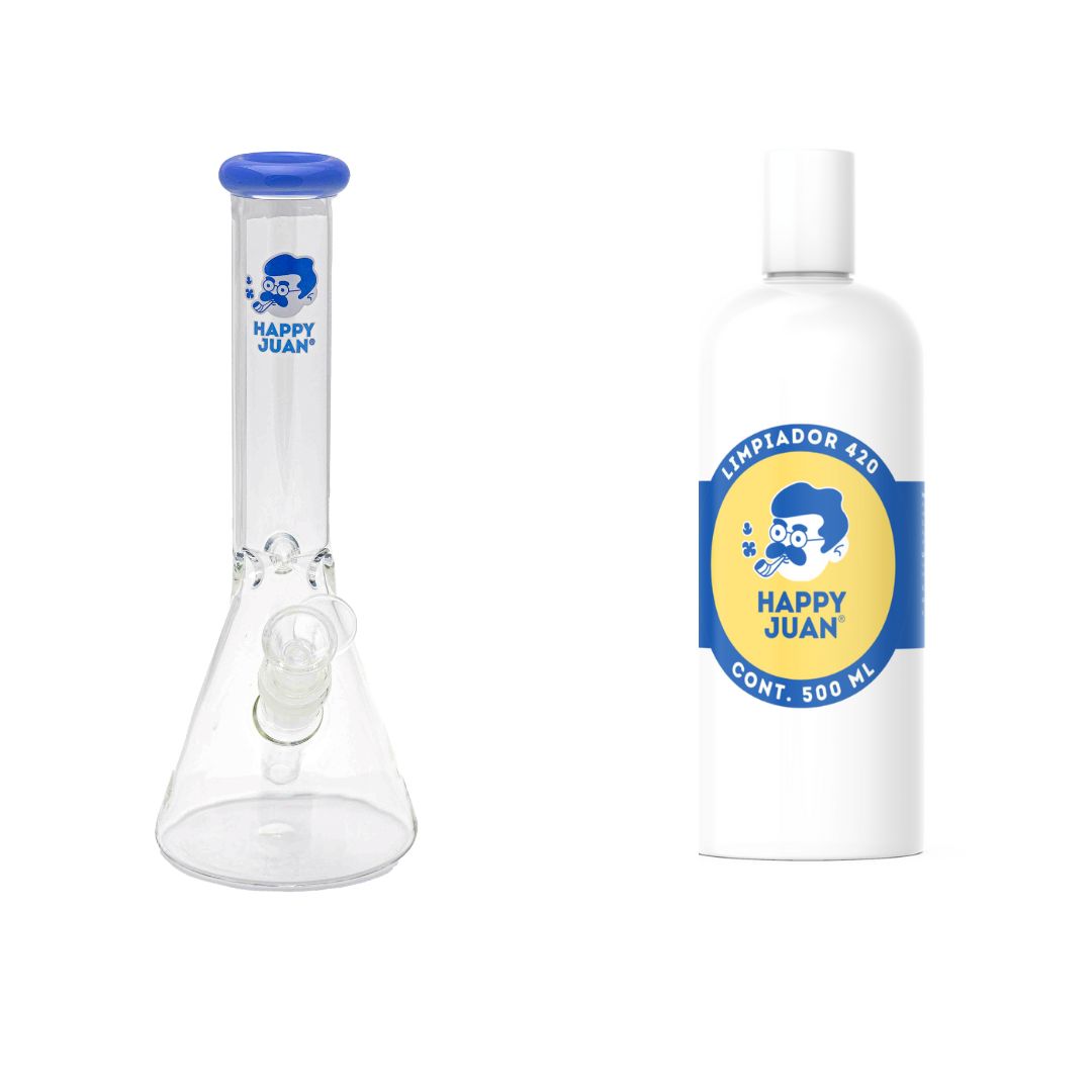 Pack Bong Pyrex Mediano Y Limpiador 420 Happy Juan 500ml