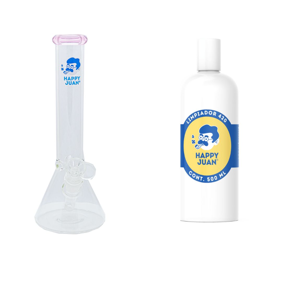Pack Bong Pyrex Mediano Y Limpiador 420 Happy Juan 500ml