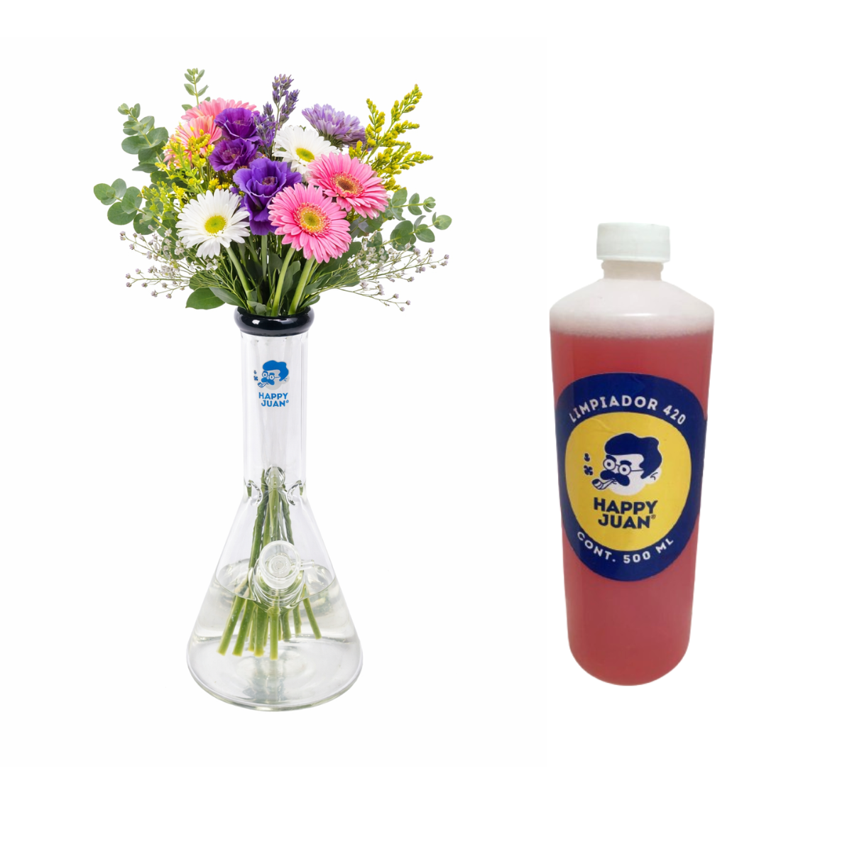 Pack Bong Pyrex Grande Y Limpiador 420 Happy Juan 500ml