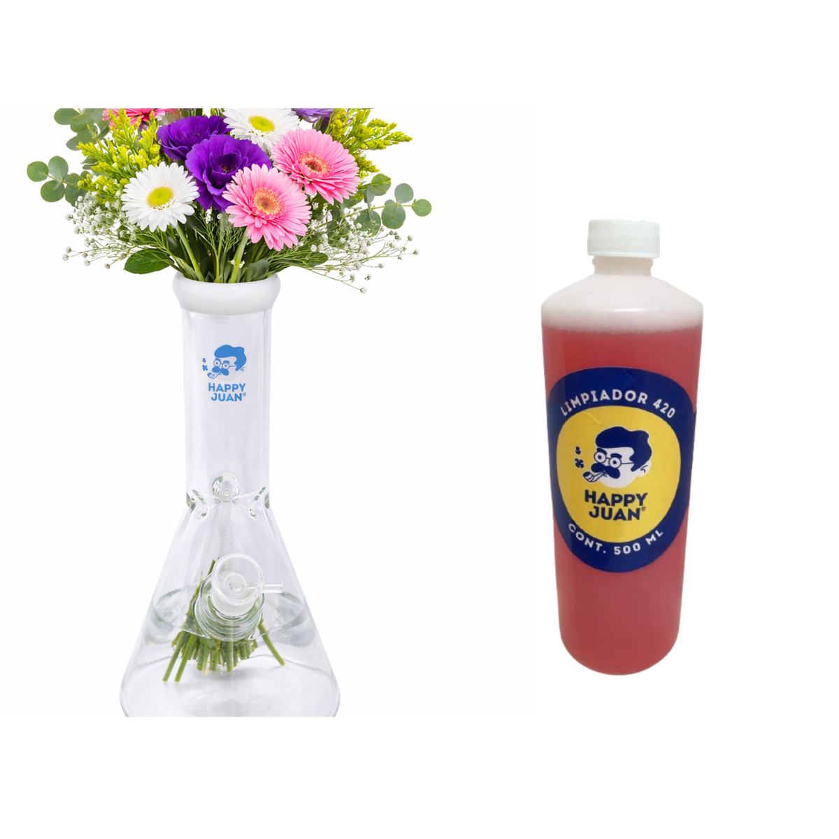 Pack Bong Pyrex Grande Y Limpiador 420 Happy Juan 500ml