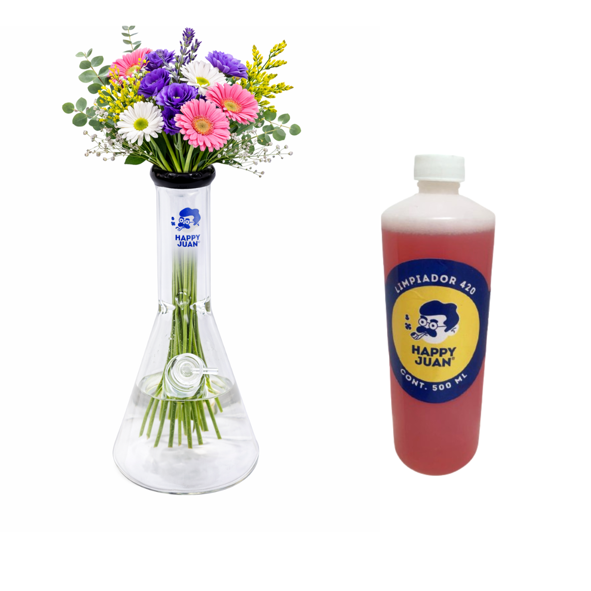 Pack Bong Pyrex Grande Y Limpiador 420 Happy Juan 500ml