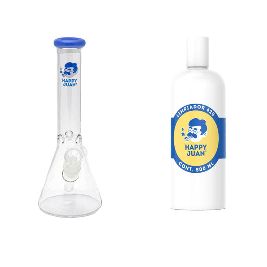 Pack Bong Pyrex Mediano Y Limpiador 420 Happy Juan 500ml