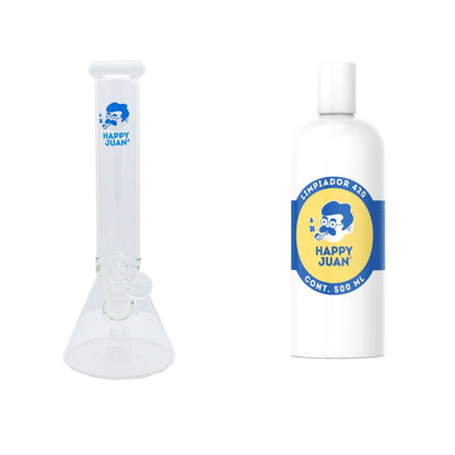 Pack Bong Pyrex Mediano Y Limpiador 420 Happy Juan 500ml