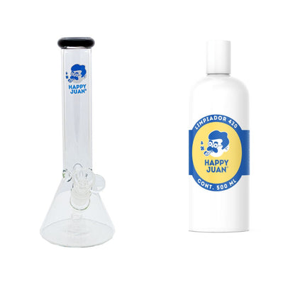 Pack Bong Pyrex Mediano Y Limpiador 420 Happy Juan 500ml